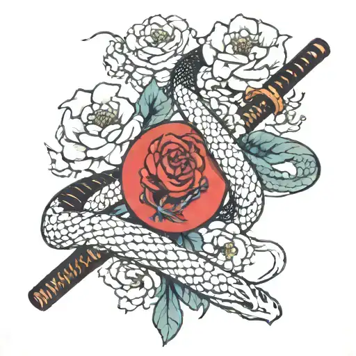 A Snake Wrapped Around A Katana Sword With Peonies Blooming In The Background