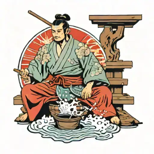 A Traditional Japanese Onsen Scene With A Samurai Warrior Relaxing In The Hot Spring