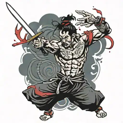 Samruai Tattoo With Sword In Both Hands Ready To Fight With Blood
