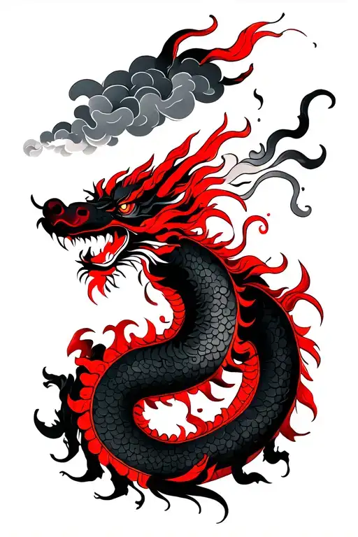 A Black And Red Chinese Dragon That's Breathing Clouds