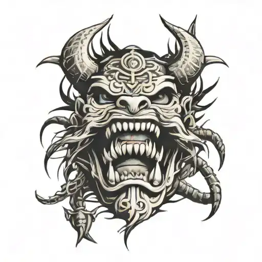 Jaw With Teeth With A Crown Of Thorns And A Samurai Mask