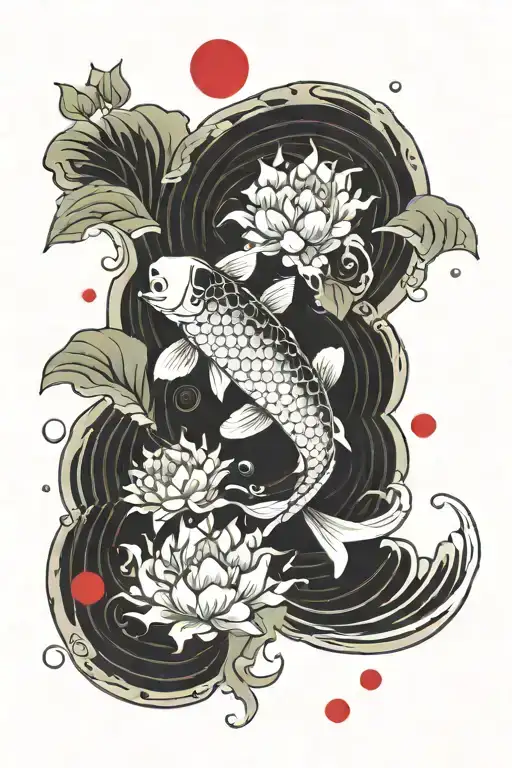 Chopping Koi Carp Swims In The Water Against The Background Of The Red Moon And Flowers