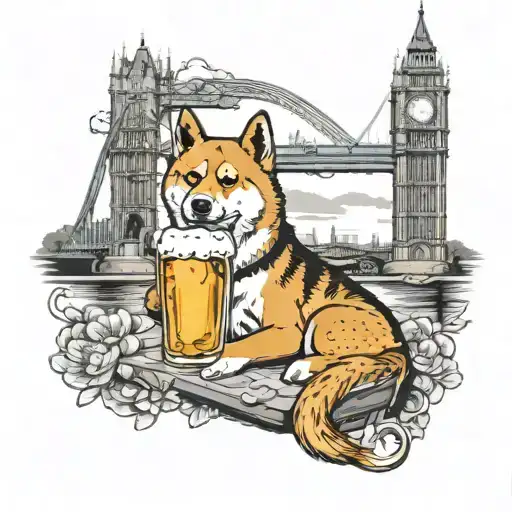 A Realistic Depiction Of A Shiba Inu Enjoying A Pint Of Beer With Big Ben In The Background