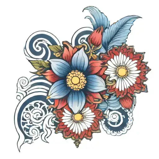 Red Daisy Orienta Blue Waves