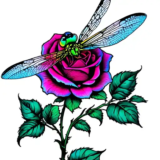 Florescent Colored Dragonfly Landing On A Rose