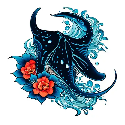 Stingray In Tribal And Japanese Traditional Style In Color Add Water Elements And Flowers