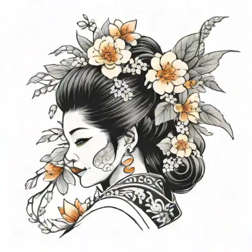 Woman With A Wearing A Kimono And Beautiful Floral Accessories Zoom In Face