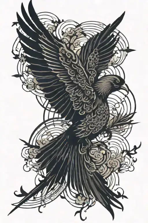 Bird Flying In The Sky Surrounded By Black Shadows And Lines