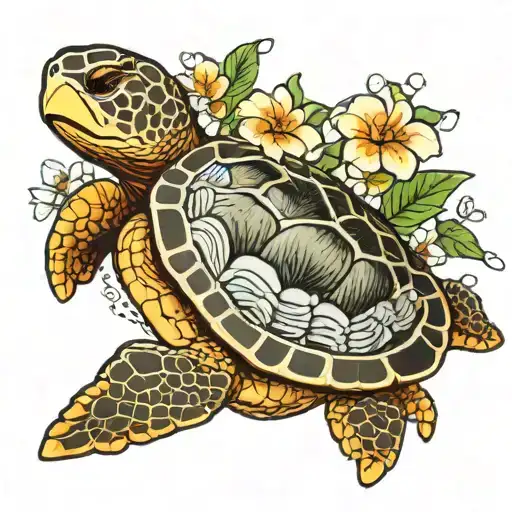 A Sea Turtle With Gardenias Blooming On Its Shell