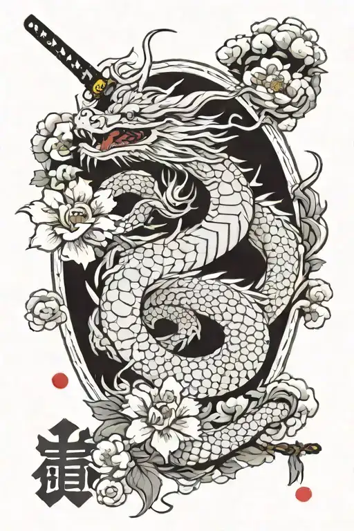 Dragon With Katana In Sakura Flowers