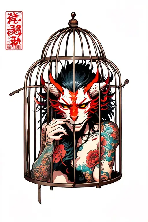 Demon In Cage Behind Torn Skin And Cross