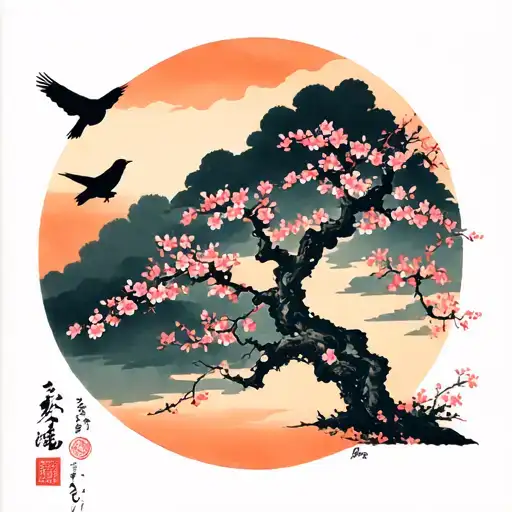 Cherry Blossom Tree With Crows Flying And Perched