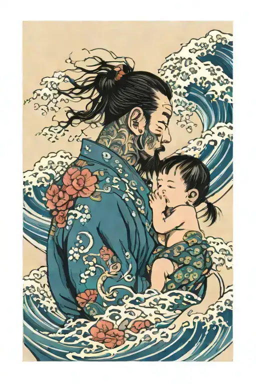 Father And Newborn Daughter With Waves