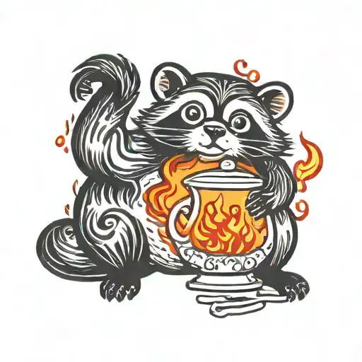 Tanuki Mixed With A Tea Pot On Fire Flames