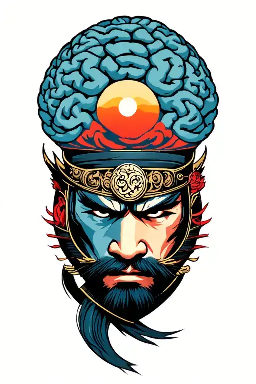 Samurai Fighting Brain With Sunset Background