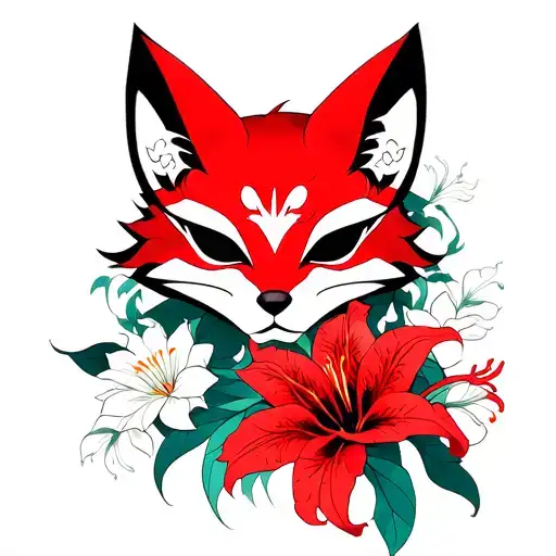 Anime Kitsune Mask With Red Spider Lily Flowers Tattoo Design