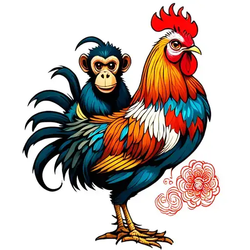 A Chinese Monkey On The Back Of A Rooster