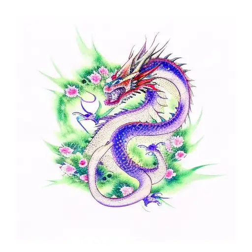 Aquarell Dragon With Flowers And Spiritual Signs