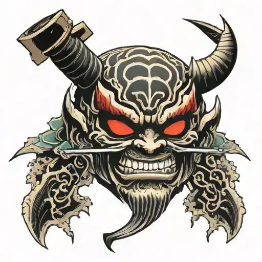 Oni Half Mask With A Sword Through It And Spider Lillys Behind It