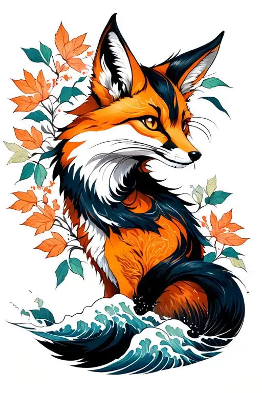Japanese Design Fierce Kitsune Fox Full Back Tattoo Concept Wedge Leaves Wind Stones And Waves
