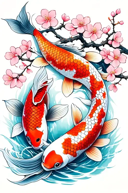 2 Koi Fish And Cherry Blossom Tree
