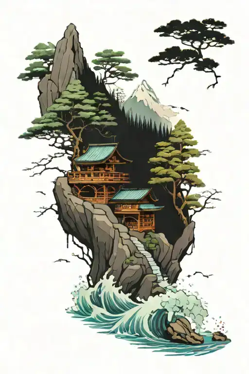Cabin Beside A Raging River In A Forest Below A Mountain
