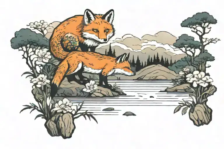 Forest Scene Featuring Fox Sitting By Lake Infront