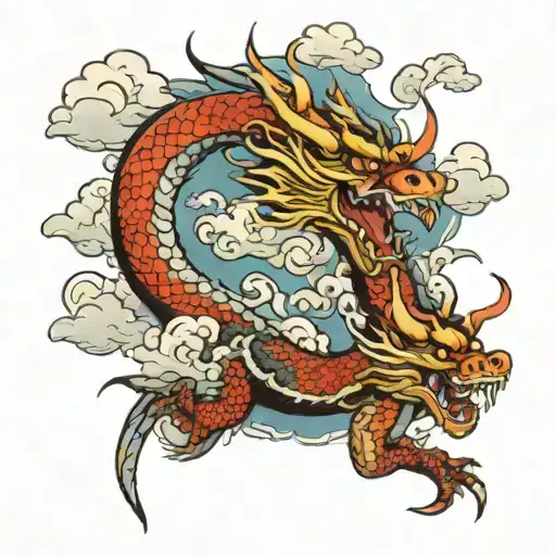 Sleeve Tattoo Of Dragon With Clouds And Filler