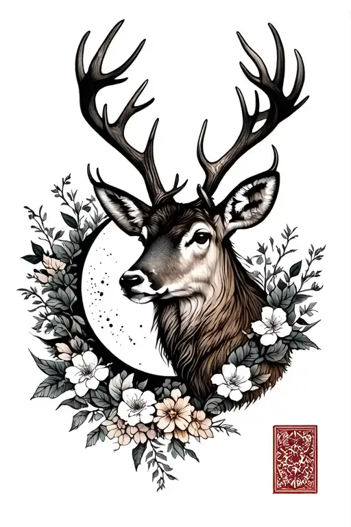 Hirsch With Moon In The Antlers And Flowers Mystical Tattoo Dotwork