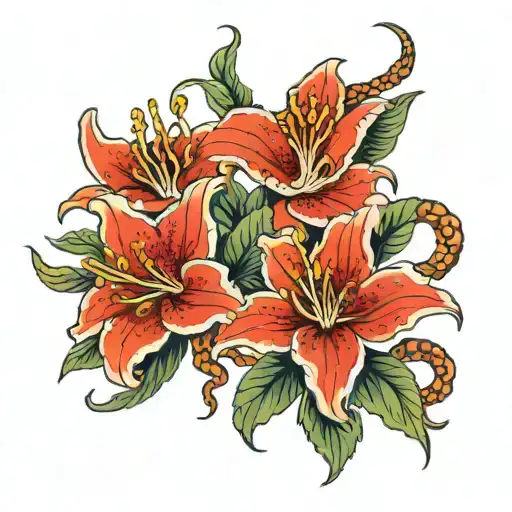 Lily Flowers Innertwined With Dragon Red