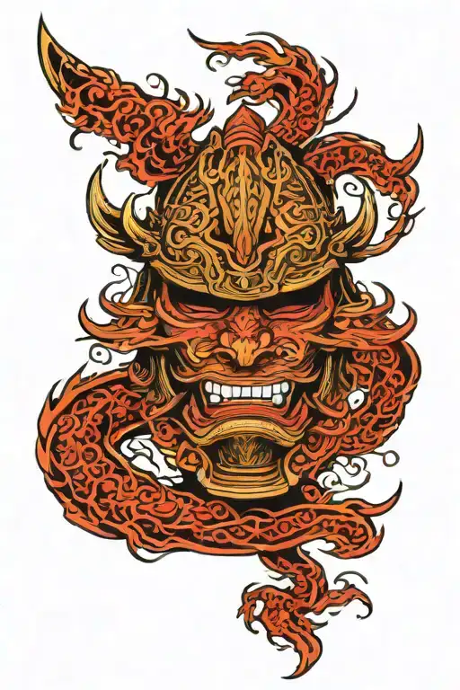 Samurai Helmet Flames Engulfing