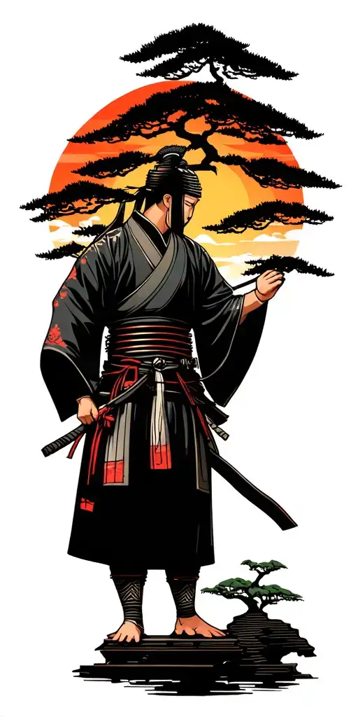 Traditional Samurai In Sunset Background And Bonsai Tree Into Sun