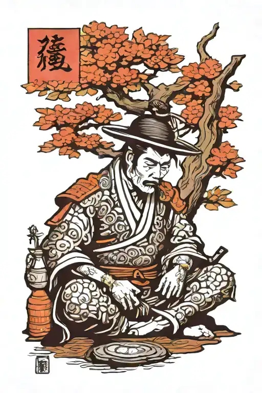 Samurai Sitting Next To A Tree Drinking Beer Bottle