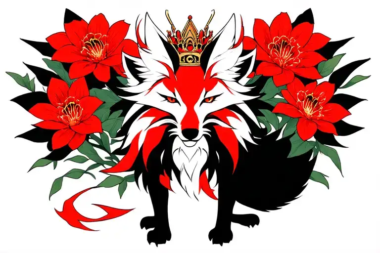 Amaterasu Fox With Red Spider Flowers With A Crown Sitting