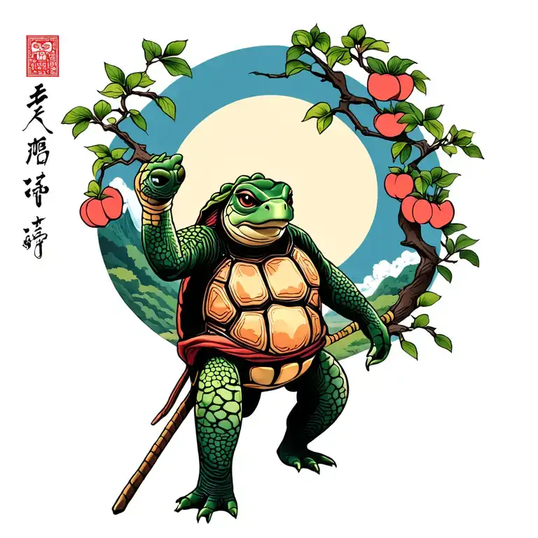 Tortoise Kind Kung Fu Turtle With Staff At Peach Tree Scene In Mountain Pass