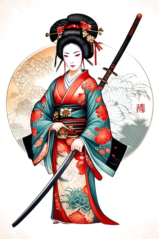 Geisha Kimono Holding A Katana