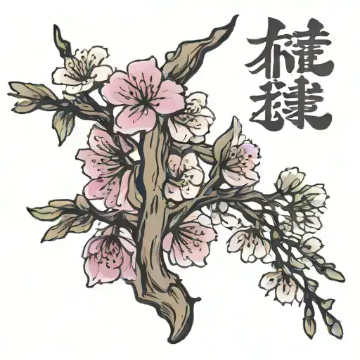 Cherry Blossom Twig With Lavender Flowers And In The Twig Is Carved The Word Love