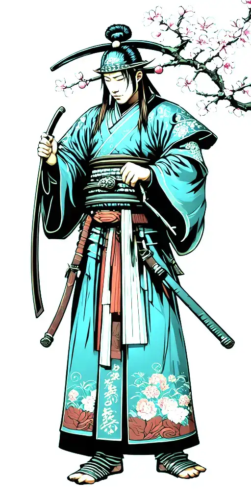 Samurai Warrior Standing By A Cherry Blossom