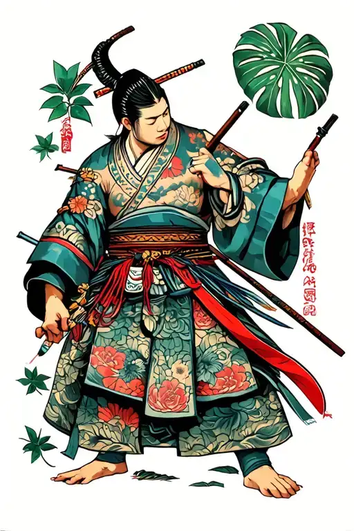 Japanese Warrior With Monstera Leaves