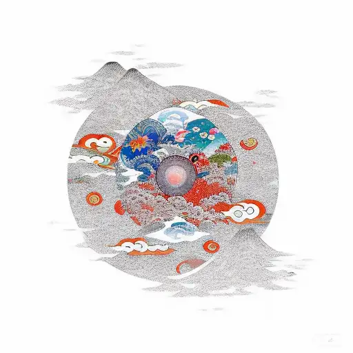 A Japanese-inspired Design Featuring The Universe And Music Notes