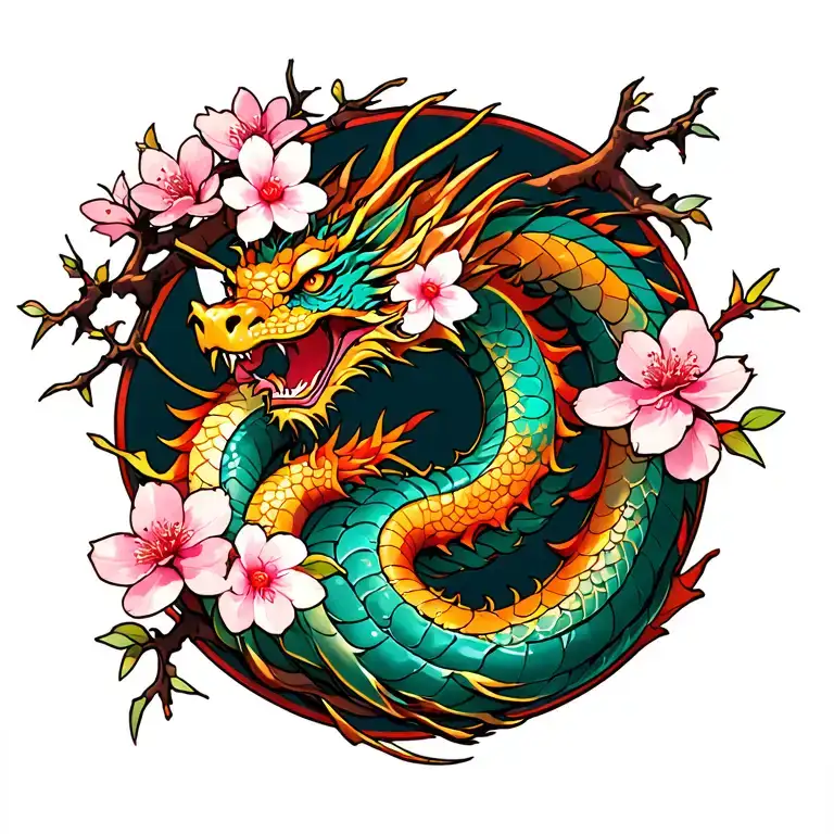 Cherry Blossom Branch With Transparent Dragon Wrapped