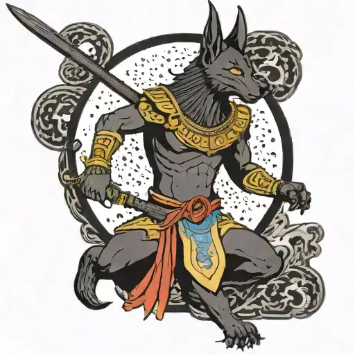 Anubis Holding A Katana Over The Moon Surrounded