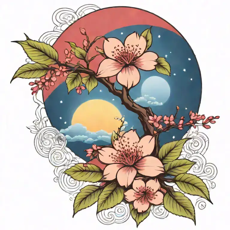 Cherry Blossom Branch And Tree Of Life Sun And Moon Flowers Red Ancient Egypt
