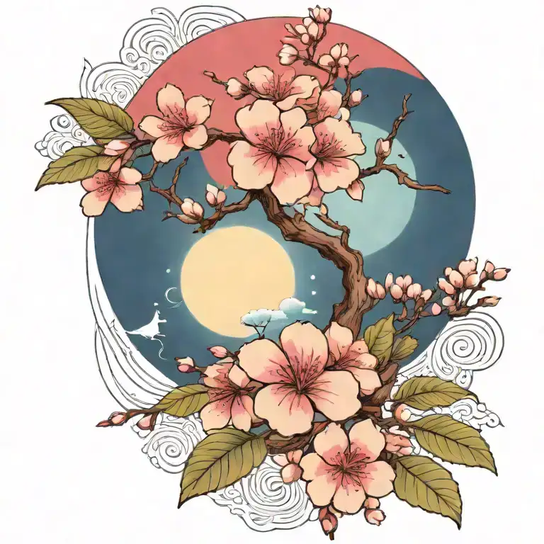Cherry Blossom Branch And Tree Of Life Sun And Moon Flowers Red Ancient Egypt