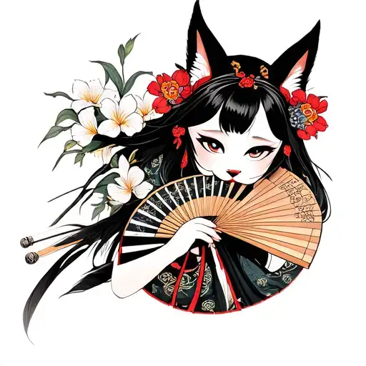Japanese Samurai Girl Wearing A Kitsune Mask And Holding A Fan With Irises Flowers