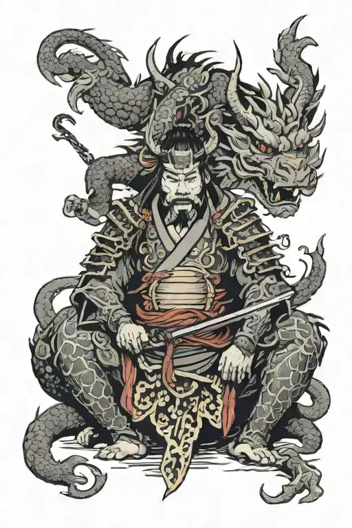 Samurai Wearing Oni Mask Surrounded By A Dragon