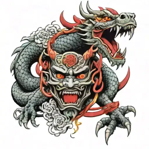 Dragon Holding A Samurai Mask With Some Red Details
