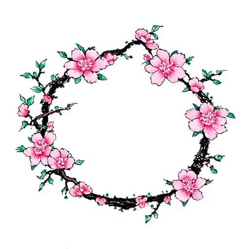 Vintage Asian Mountains River Cherry Blossoms