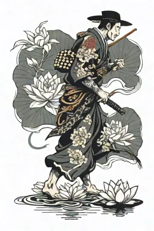 A Japanese Warrior Staying On Water Lily