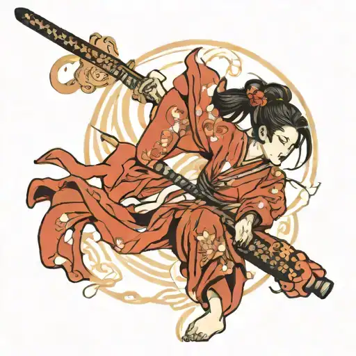 Red Colour Japanese Woman Samurai Katana Sword